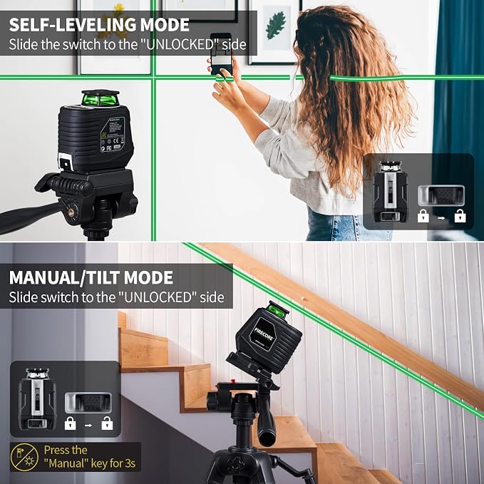 Firecore 360° Laser Level with Tripod, 100Ft Self Leveling Laser Level Green Cross Line Laser Leveler Tool for Picture Hanging Wall Tile Floor Construction, 60" Compact Tripod & Carry Pouch Included