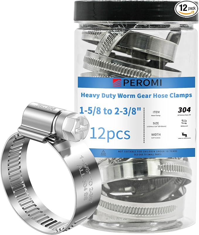 12PCS Heavy Duty Hose Clamps Stainless Steel 304,1-5/8" Hose Clamp to 2-3/8" Hose Clamp (40-60mm) Adjustable Worm Gear Drive Radiator Hose Clamps,Pipe Clamp for Plumbing, Garden, Car and Ships