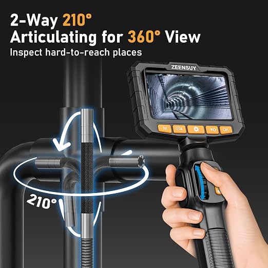 3.9mm Two-Way Articulating Borescope Camera with Light, Industrial Endoscope Inspection Camera with Light, 5FT Flexible Semi-Rigid Cable for Wall Automotive Engine Plumbing HVAC Inspect