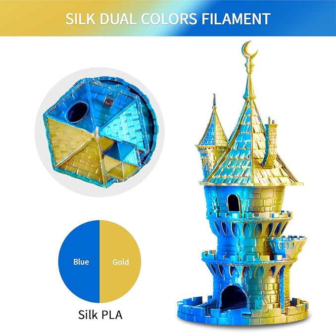 ERYONE Silk Dual Color PLA Filament 3D Printer 1.75mm +/- 0.03mm, Bicolor Filament Two Tone PLA 1KG(2.2lbs) Cardboard Spool, Gold Blue