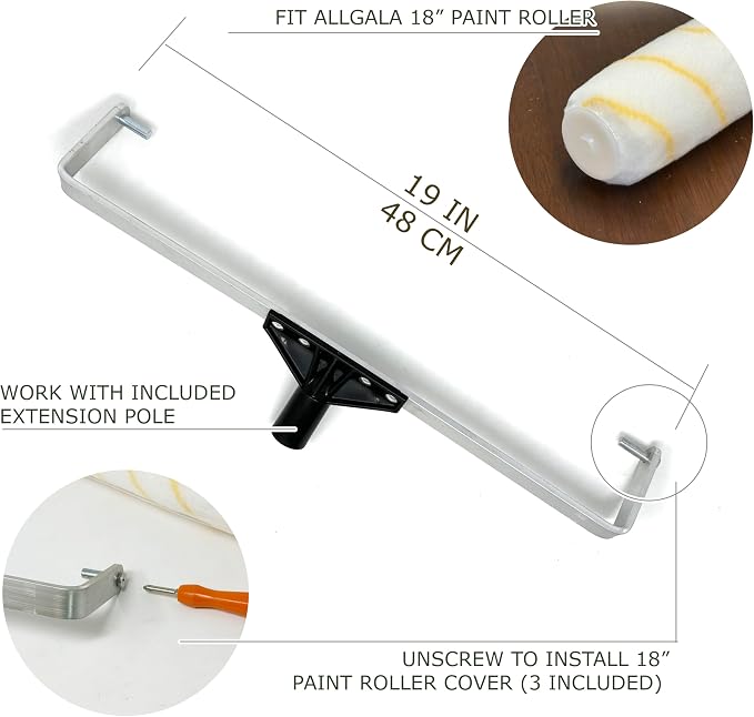 Allgala 18 Inch Painting Roller Kit Pro Grade 10 PC Set Paint Tray and Liner, Rollers and Frame, 4 FT Extension Pole