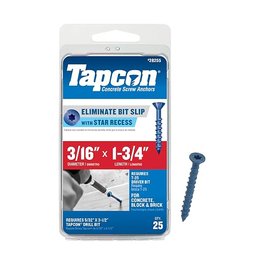 Tapcon 3/16 x 1-3/4 Inch Blue Climaseal® Star Head Concrete Anchors, 25 PCS, Corrosion Resistant Coating, Heavy-Duty Concrete and Masonry Screws, Superior Holding Strength, Drill Bit Sold Separately