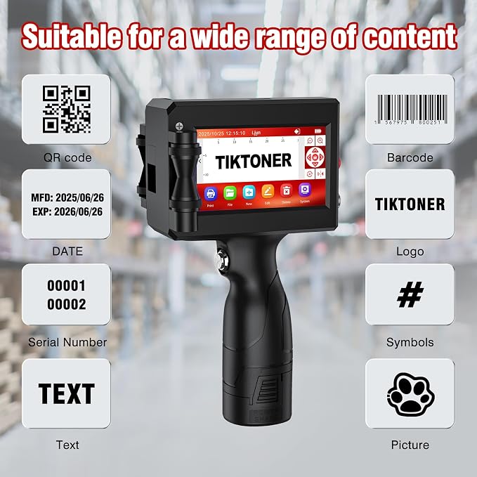 Handheld Inkjet Printer Printing Height 0.08-0.5Inch Handheld Printer Gun for Batch Code Date Time Lot Number Print on Many Materials, Inkjet Coder with 42ml Black Fast Dry Ink Cartridge