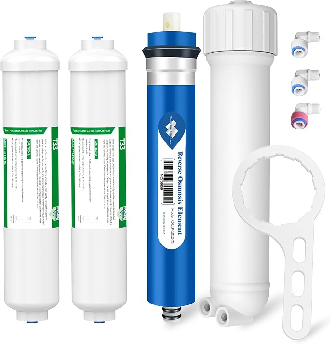 Membrane Solutions Post Inline Carbon Filters and 75 GPD Reverse Osmosis Membrane and 1812/2012 RO Housing with Wrench and Fittings
