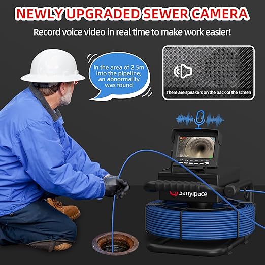 Sanyipace Sewer Camera 100FT/30M, 5600mAh Battery, 0.67in/17mm Pipe Inspection with Light, DVR & Audio Recorder, 4.3" Screen, 8 LEDs, 1000TVL Plumbing Snake, Included 16GB Card