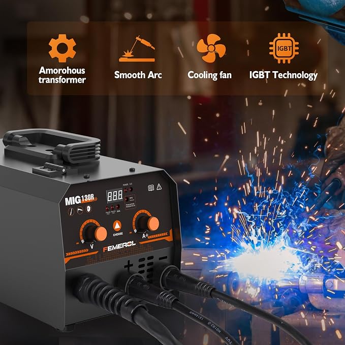 FEMEROL MIG Welder,2 in 1 Flux core/Stick Welder,130Amp 110V Gasless MIG Welding Machine with Synergy IGBT Inverter Welder Portable Wire Feed Welder