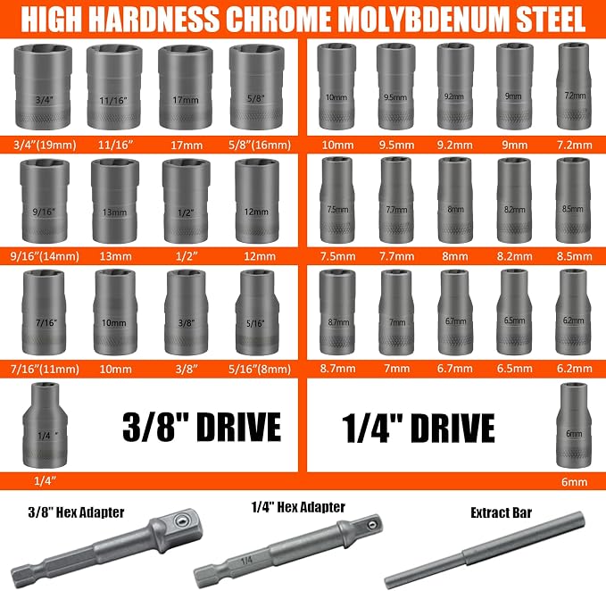 Coobeast Bolt Extractor Kit, 32Pcs Impact Bolt & Nut Remover Set, Stripped Bolt Extractor Socket Set for Damaged, Frozen, Rusted, Rounded, Broken Bolts Nuts Screws Remove
