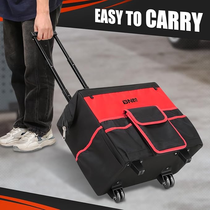 DNA MOTORING 18in Canvas Rolling Tool Bag, Telescoping Handle 600D Large Roller Tool Bag, Tools Bag Organizer for Electrician, Carpentry, HVAC, TOOLS-00640