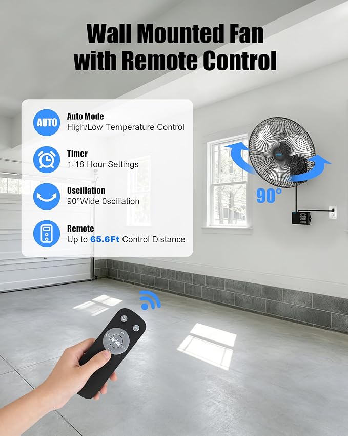 18" Wall Mounted Fan with Thermostat, Oscillating Outdoor Wall Mount Fan with Remote, 1-18H Timer, 3-Speed 4200 CFM High Velocity Industrial Wall Fan for Garage, Farm, Patio, Workshop, Barn