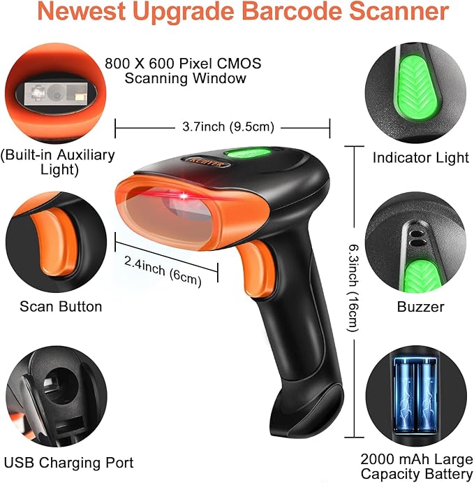 KUIIYER Wireless Barcode Scanner, 2D QR 1D Bar Code Scanners Handheld Barcode Reader with Updated 800 X 600 Pixel CMOS & Built-in Light, Plug & Play for Computers, PC, Laptop, Desktop & POS