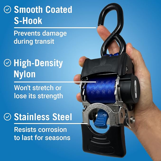 Stainless Steel Retractable Ratchet Straps, Heavy Duty Set, 2 Inch x 43 Inch, 2 Transom Tie-Downs with Mounting Brackets and Bolts, Auto Self-Retracting Buckle for Boat Trailer and Cargo
