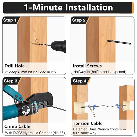 Steel DN Mate 100 Pack Black T316 Stainless Steel Left&Right Handed Thread Swage Lag Screws for Wood Post of 1/8" Black Cable Railing Kit, Deck Stair Railing, DIY Baluster kit, Wrench Included DM45