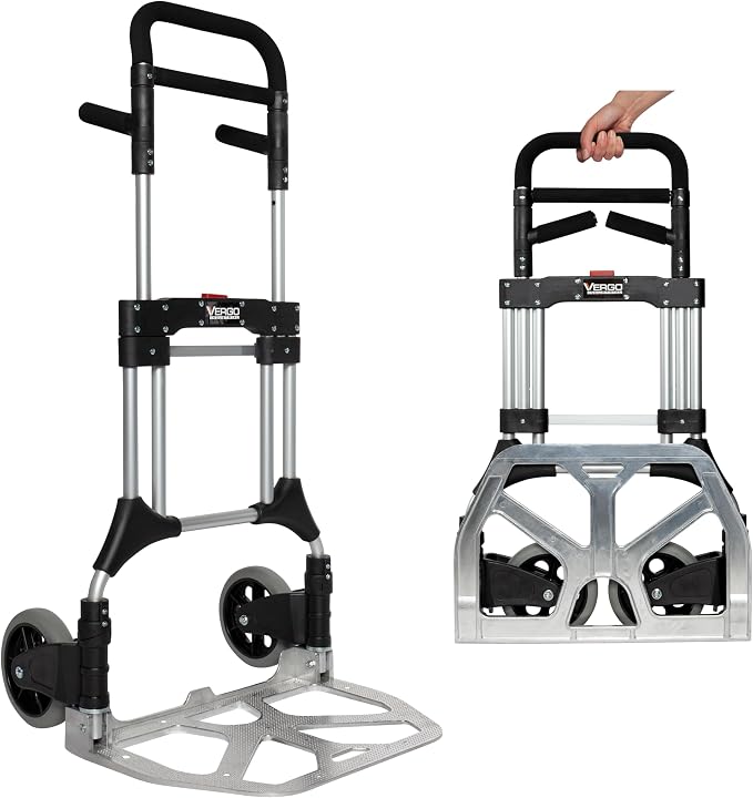 Vergo 400 lbs Capacity Folding Hand Truck Dolly – Lightweight Aluminum Frame Dolly Cart with 50" Telescoping Handle, Compact Hand Cart with 8” Rubber Wheels for Office, Warehouse, Trucks (S300L)
