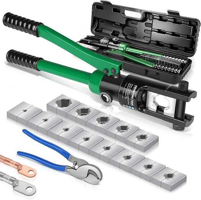 Hydraulic Crimping Tool, 16 Tons Hydraulic Wire Crimping Tool Kit with Cable Cutter and 13 Pairs of Dies, 12 AWG to 600 MCM, Wire Rope Crimping Tool for Battery Cable Ends Ring Terminals Green