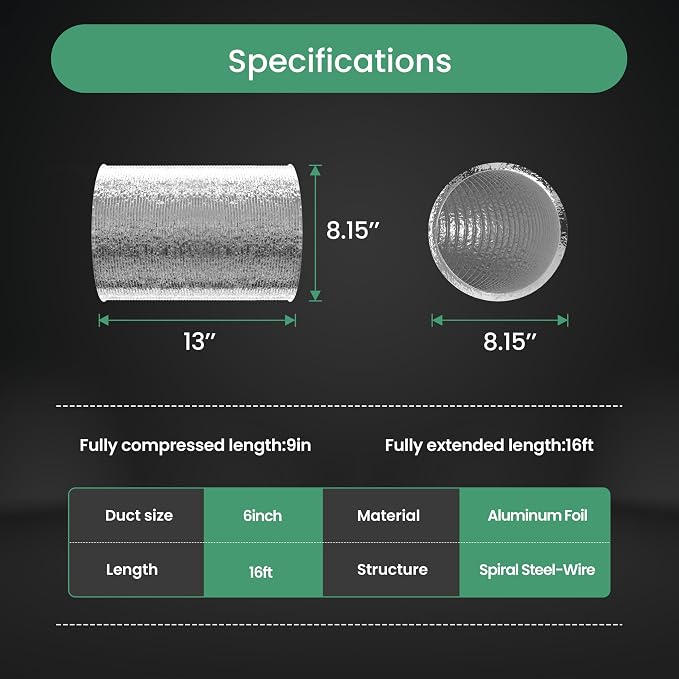 Flexible 8-Inch Aluminum Ducting, Dryer Vent Hose, Heavy-Duty Three-Layer Protection, 25-Feet Long for Heating Cooling Ventilation and Exhaust, Silver