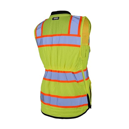 Kishigo Women's High Visibility Reflective Premium Black Series Heavy Duty Surveyors Vest S5021, Zipper Closure, Polyester, ANSI 107 Type R/Class 2, Multiple Pockets for Tools (Lime/Lime, S)