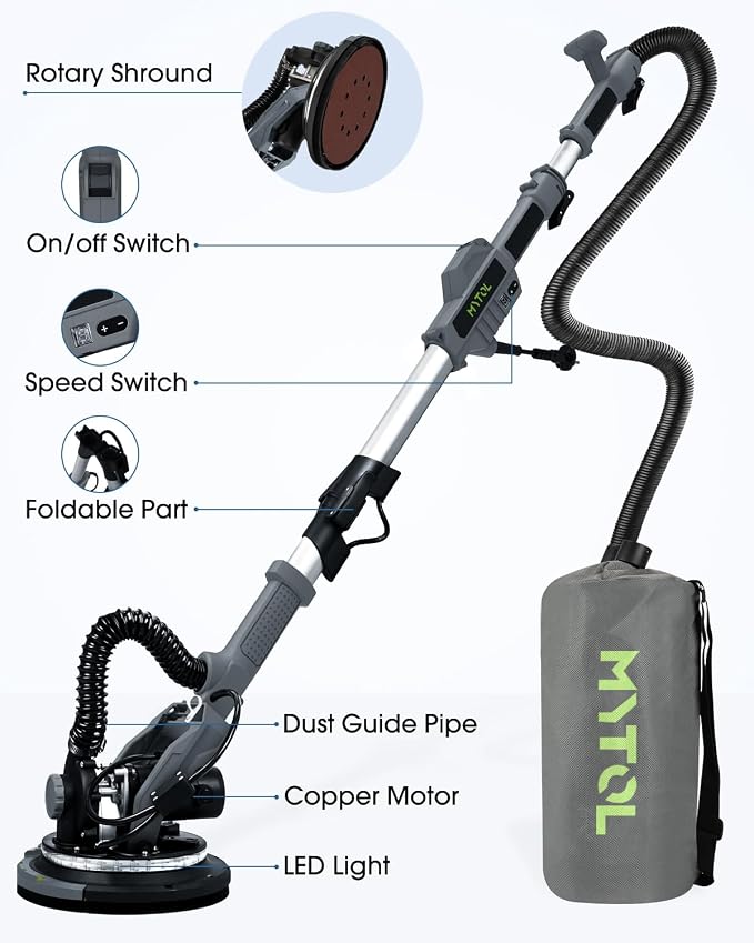 MYTOL Drywall Sander, 7.2A Electric Drywall Sander with Vacuum Dust Collection, 6 Variable Speed 900-1800RPM, LED Light, Foldable & Extendable Handle, 9 Pcs Sandpaper&3 Pcs Grid Sandpaper, Full Green