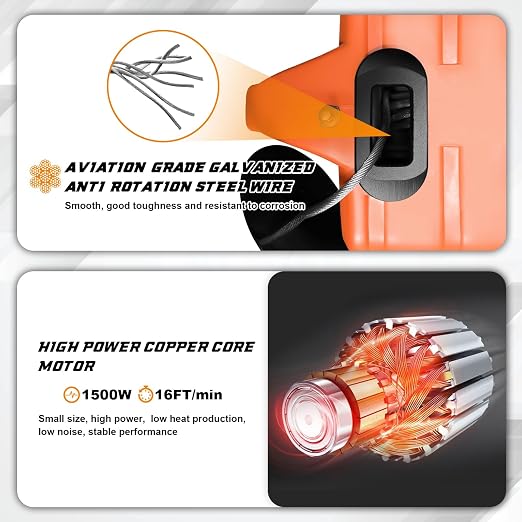 Power Electric Portable Hoist Winch 1500LBS, 3 in 1 Electric Cable Hoist 110V 25 FT with Lifting Strap, Electric Hoist Lift Ceiling Winch for Lifting Towing