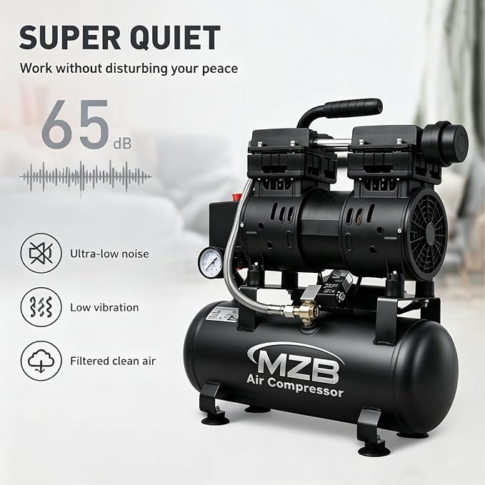 MZB 2.4 Gallon Ultra Quiet Air Compressor 1.0HP 110V/60Hz 5.65CFM, MAX 115PSI Steel Tanks Oil-Free 65dB Noise Level Air Compressor for Spray Painting, Auto Repair, Carpentry Decoration