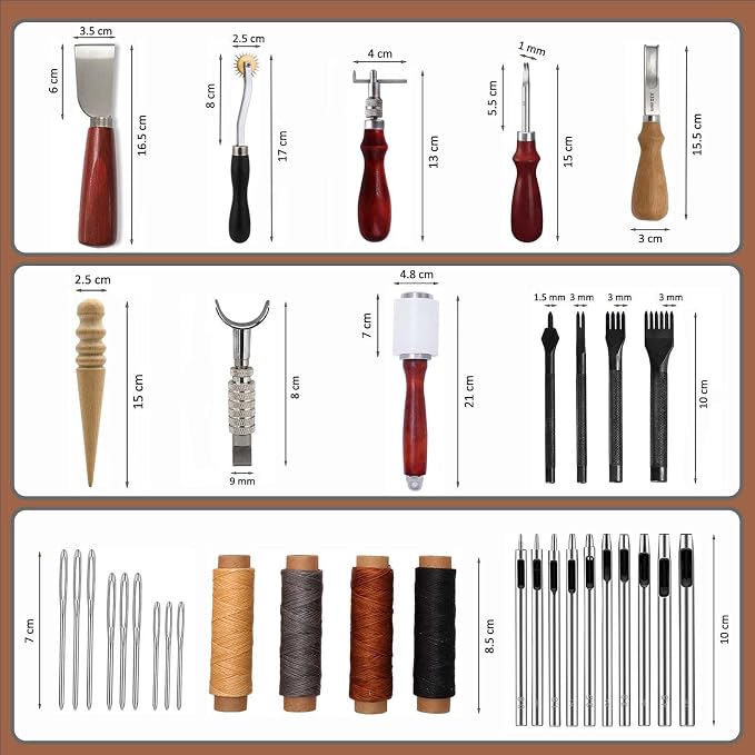 Leather Working Tools, Practical Leather Craft Kit with Carving Sewing Punching Cutting and Other Sanding Tools for Crafting, Repair DIY Projects