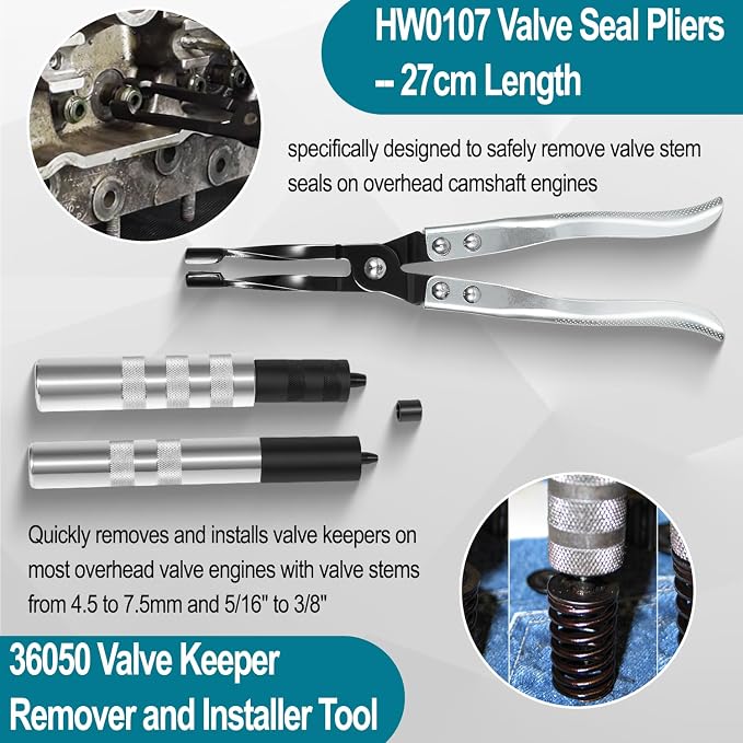 HW0107 Valve Seal Removal Pliers & 36050 Valve Keeper Installer/Remover Set, Fits Valve Engines, Cars, Motorcycles, Marine