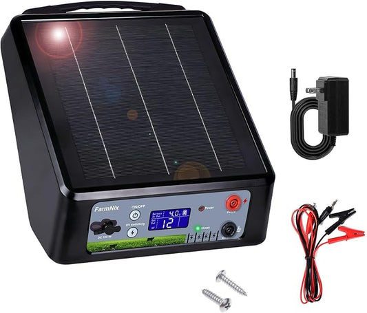 20 Miles Solar Electric Fence Charger, Adjustable Output Voltage: 6/8/10/12kV, 2J Solar Powered Electric Fence Charger Supports Battery/Solar/AC Power,Ideal for Livestock/Garden/Yard/Farm Protection