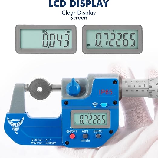 PEC Tools Bluetooth Absolute Digital Micrometer 0-1"/25mm | IP65 Oil & Splashproof, High Accuracy, LCD Display, Inch/Metric Conversion