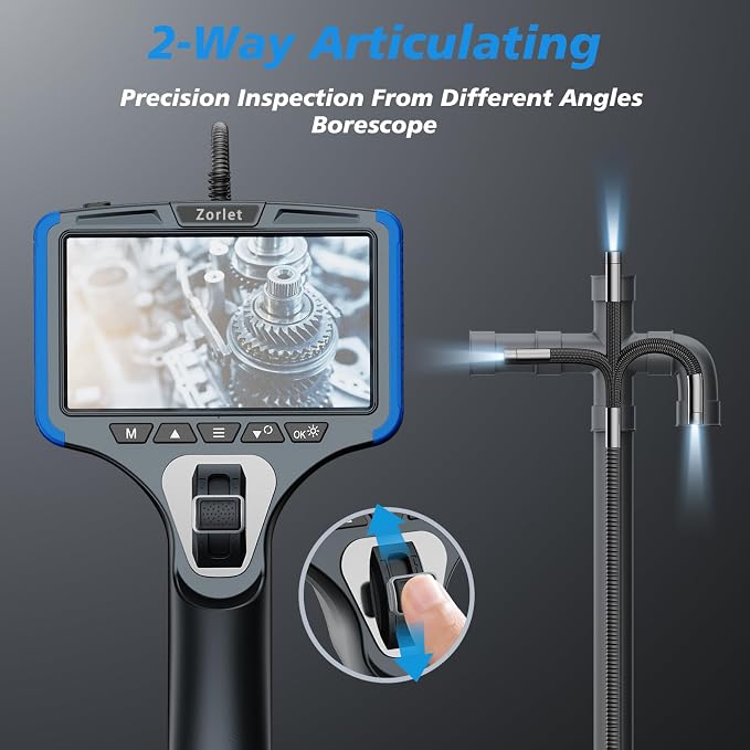 Two-Way Articulating Borescope Camera with Light, Industrial Endoscope Inspection Camera with 0.25 in Slim Articulated Probe, Waterproof Snake Scope for Mechanics & Engine Inspection - 5FT