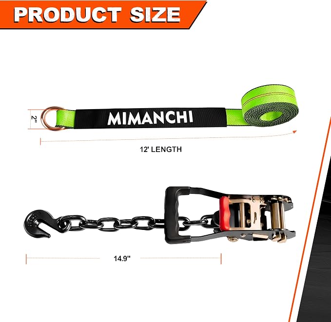 Car Tie Down Straps for Trailers, 4 Pack, 2" x12' Tire Ratchet Straps w/Chain Anchor, 13,200lb Break Strength, Lasso Wheel Straps for Hauling UTV,SUV,Truck