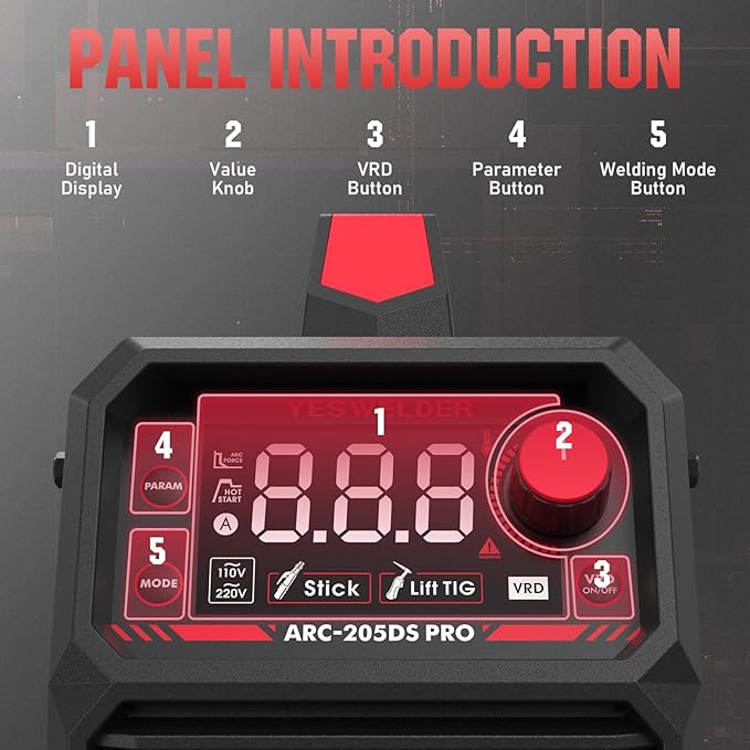 YESWELDER 205Amp Stick Welder Large LED Display, Digital Inverter IGBT ARC Welding Machine, 110V/220V Dual Voltage Hot Start Portable MMA Welder Machine, Arc Force