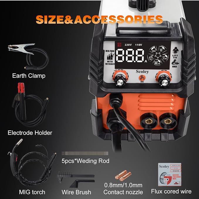 160A MIG Welder,110V/220V,4-in-1 Gas MIG/Flux Core Welder/Lift TIG/Stick Welding Machine with IGBT Inverter Synergic Control, Large Digital Display, Welding Gloves & Mask, Portable Welder