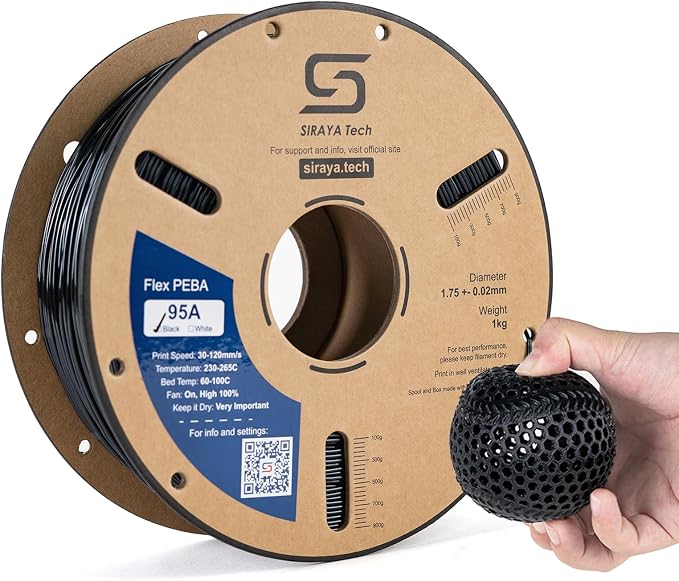 Siraya Tech Rebound PEBA 95A Flexible Filament, The Super TPU | 78% Energy Return & 20% Lighter | Nylon-Based Strength for Sports & Robotics | 1.75mm 3D Printer Filament (Black, 800g)