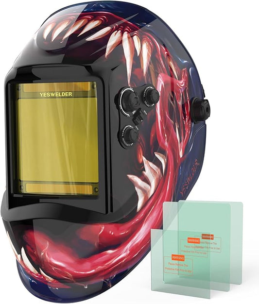 YESWELDER Large View Auto Darkening Welding Helmet, Blue Light Blocking, 1/1/1/1 True Color Solar Powered Welder Hood Mask with 4 Arc Sensors, Wide Shade 3/5-9/9-13 for TIG MIG ARC CUT and GRIND