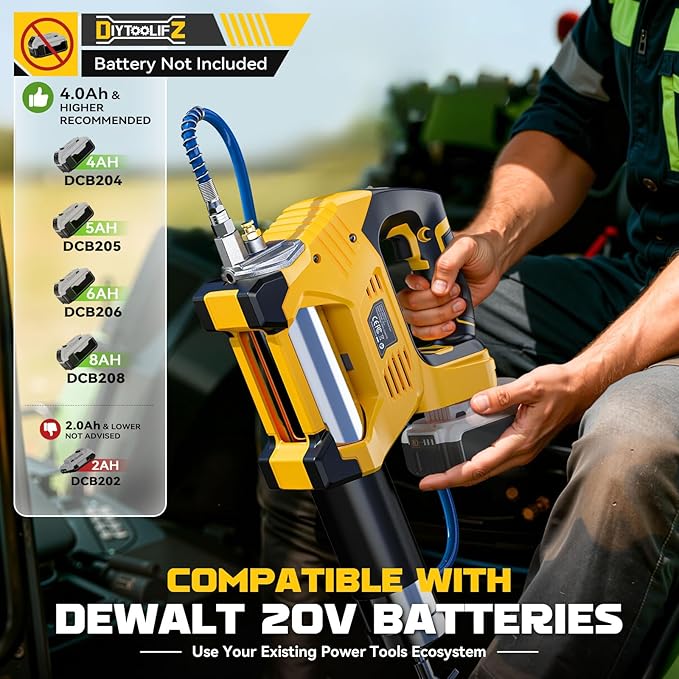 DIYtoolifz Cordless Grease Gun Compatible with DeWalt 20V Battery, 12000PSI High Pressure, 3-Speed&Brushless Motor, 9oz/min Max Flow, 2-in-1 for Cartridge/Bulk Grease, 39.4”Hose&4 Couplers(Tool Only)