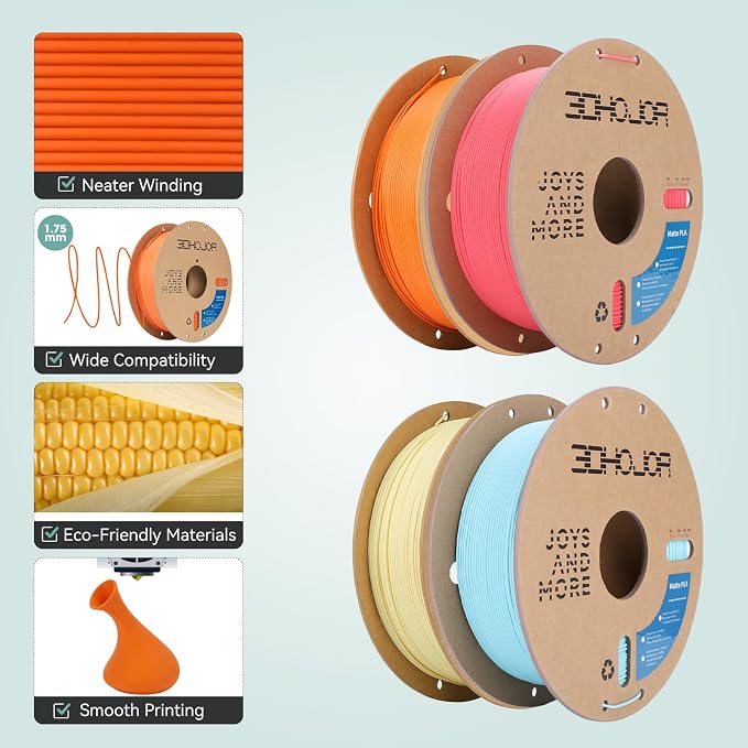 3DHoJor Matte PLA Filament 1.75mm, Upgrade 1kg*4 Bundle Cardboard Spool PLA Filament 1.75 PLA 3D Printing Filament, Print with Most 3D Printers-Strawberry red+Light Blue+Almond Yellow+Tangerine