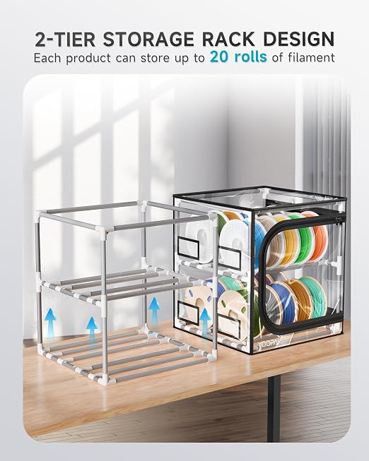 YOOPAI 3D Printer Filament Storage Box – 2 Tier Filament Storage Rack with Transparent Cover, Holds Up to 48 Rolls 1KG – 3D Filament Storage Organizer for Home, Workshop & Studio(20 Roll*2)
