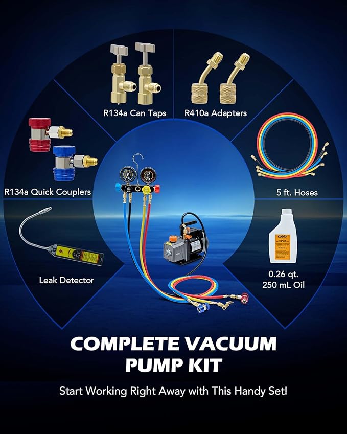 Orion Motor Tech AC Vacuum Pump and Gauge Set, 1/3 hp 4 cfm Vacuum Pump Manifold Gauge Kit with Leak Detector 4 Hoses & Accessories for R134a R22 R410a, A/C Vacuum Pump Kit for Auto HVAC Systems