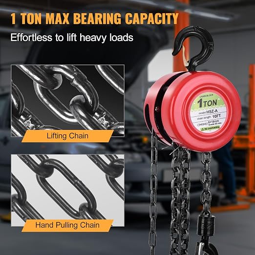Hand Chain Hoist, 1 Ton 2200 lbs Capacity, 10 Feet with 2 Heavy Duty Hooks, Heavy Duty Steel Chain Fall Hoist for Warehouse Automotive Lifting