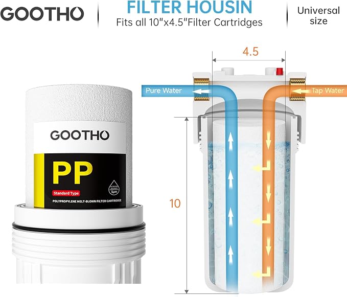 10" x 4.5" 5 Micron Whole House Polypropylene PP Sediment Filter Sediment Filter Cartridge Replacement,Dual-Gradient Density Spun Polypropylene,(Pack of 6), White