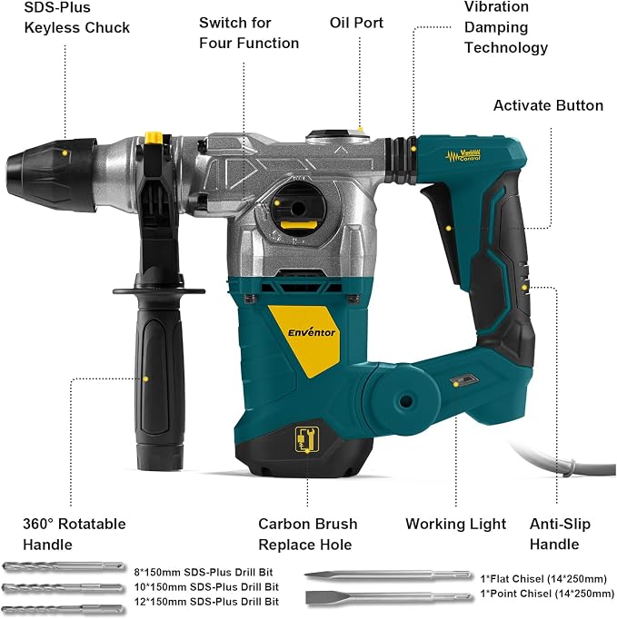 Enventor 1-1/4 Inch SDS-Plus 13A Rotary Hammer Drill for Concrete Stone | Heavy Duty Electric Demolition Hammer Drill with 4 Functions, Safety Clutch, Vibration Control, Chisels, Drill Bits, Blue