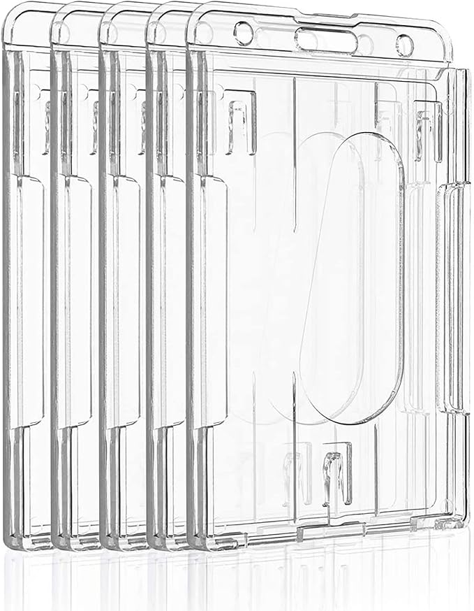 Pawfly 5 Pack Vertical 2-Card Badge Holders for Office School IDs | Rigid transparent vertical holder fits 2 cards; thumb slot makes office, school and access IDs easy to remove