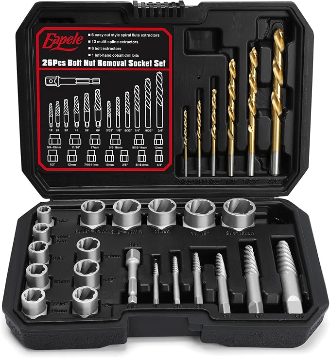 Eapele Bolt Extractor Set, Stripped Nut Remover Twist Sockets, Fit 3/8" Square Drive with Solid Storage Case(26pcs, Black)