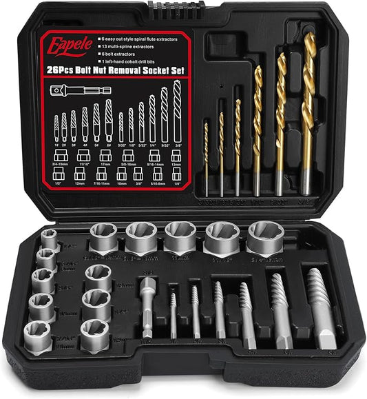 Eapele Bolt Extractor Set, Stripped Nut Remover Twist Sockets, Fit 3/8" Square Drive with Solid Storage Case(26pcs, Black)