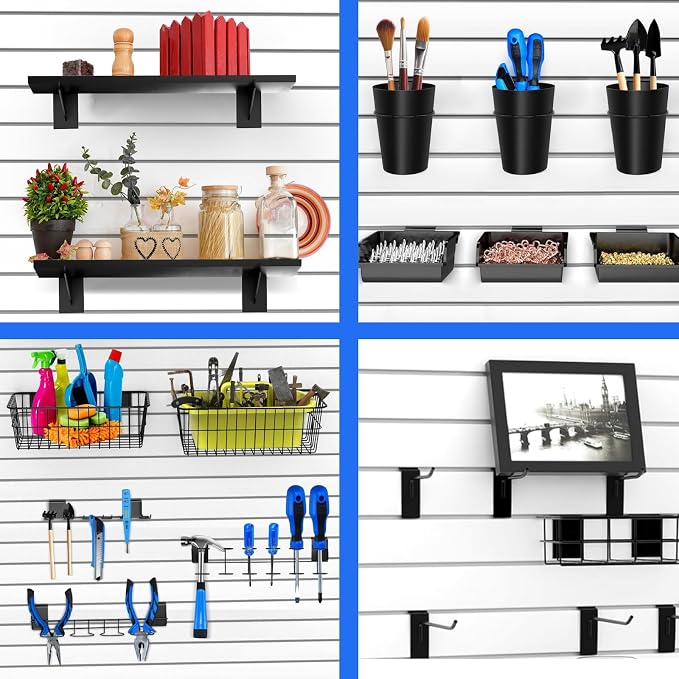 43 Pc Slatwall Organizer Kit with Hooks, Shelves, Baskets, Bins, Cups, Screwdriver Holder for Tool Organization (Black)