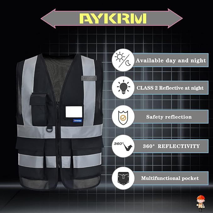 A-SAFETY 6XL 7XL 8XL black safety vest big and tall | Black 6XL-8XL work vest with 7 pockets, reinforced zipper pockets and black front zipper for security; unisex workwear.