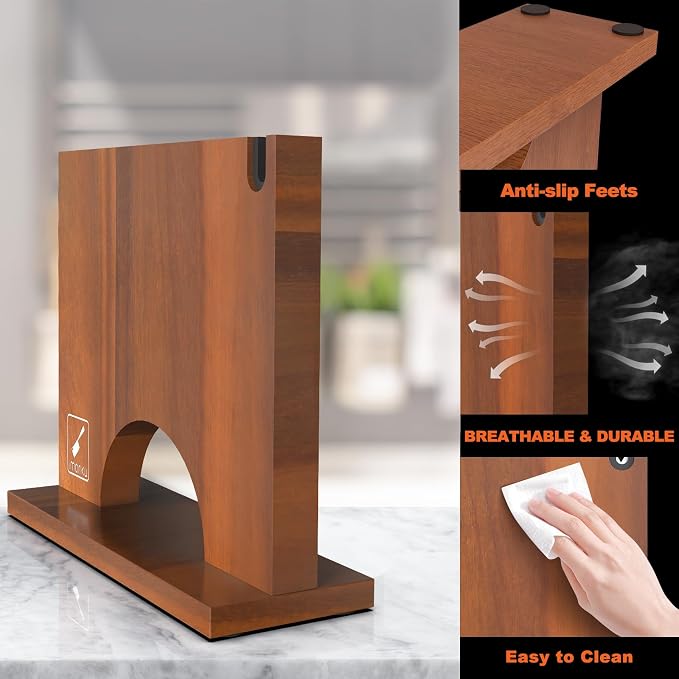 Imarku Magnetic Knife Block with Built-in Handle, Double Sided Acacia Wood Magnetic Knife Holder for Kitchen Counter, Magnetic Knife Storage Stand with Knife Sharpener, Easy to Clean & Move