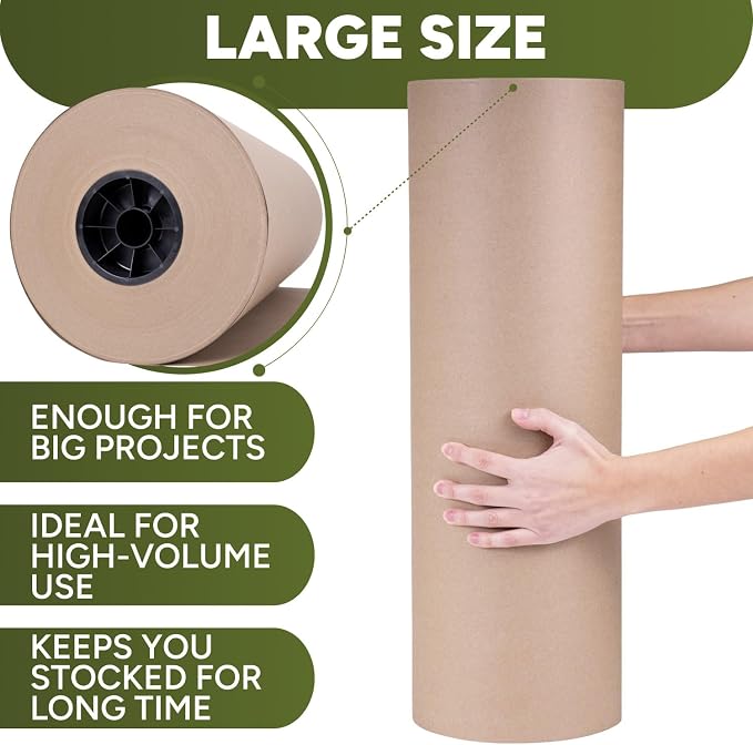 24" x 8640" (720 feet) Natural Brown Kraft Paper Roll, 50 Lb Heavy-Duty – Made in USA Large Roll of Brown Wrapping Paper, 3-inch Core – for Packaging, Void Filling, Shipping, School, Crafts | 50 Lb Heavy-Duty Made in USA Large Roll of Brown Wrapping Pa...