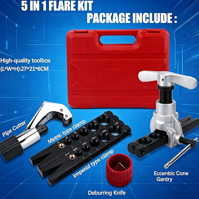 Flaring Tool HVAC & Brake Line Flaring Tool Kit – 45° Eccentric Flaring Set for 6-19mm & 1/4"-3/4" Pipes w/Cutter, Deburring, Hard Case.