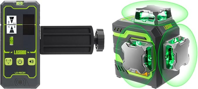 LasGoo LG-3DM Green Beam Laser Level, Self-Leveling 3x360° Cross Line Laser for Construction and Picture Hanging,LasGoo LG-REC01 Laser Receiver for Laser Level