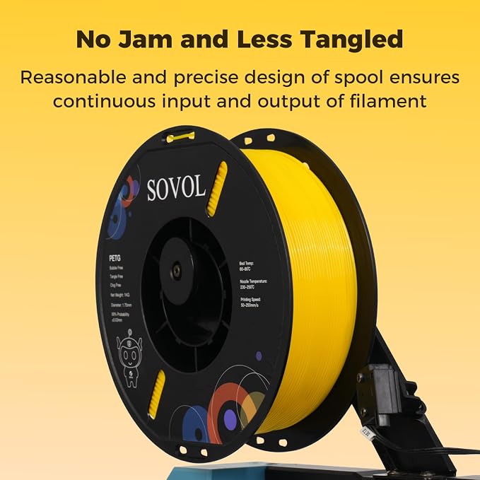 Sovol 3D Printer PETG Filament 1.75mm 1KG (2.2lbs), High Precision, Strong Toughness, Wiring Tightness, Dimensional Accuracy +/- 0.03 mm, 3D Printing PETG Filaments, Yellow